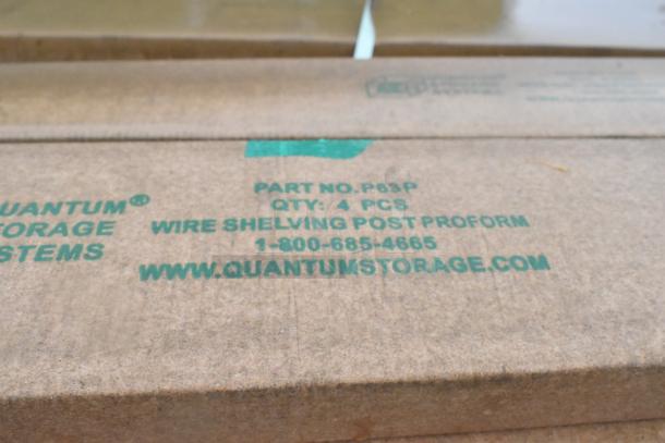 Quantum Storage P63P box showing label for 4 wire shelving post proforms, part of 44-item scratch and dent auction lot.