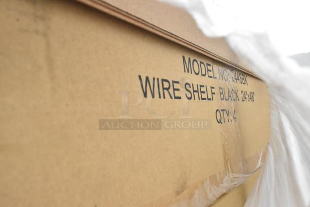 Boxes of 4 Quantum Storage 2448BK wire shelves, black finish, new with minor scratches and dents, model and quantity details shown.