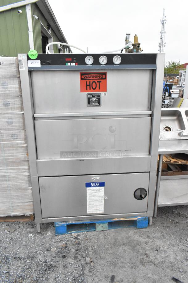 DSI SD20-3-480/3 stainless steel commercial pot and pan washer, front load, with gauges, warning labels, and brand markings.