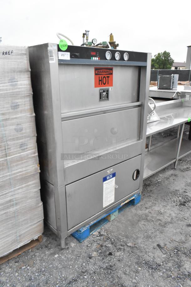 DSI SD20-3-480/3 stainless steel commercial front load pot and pan washer, gauges visible, warning label "HOT".