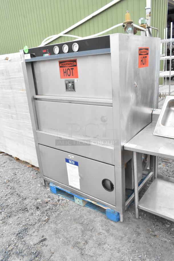 DSI SD20-3-480/3 stainless steel pot and pan washer, front load, commercial use, labeled "Warning Hot."