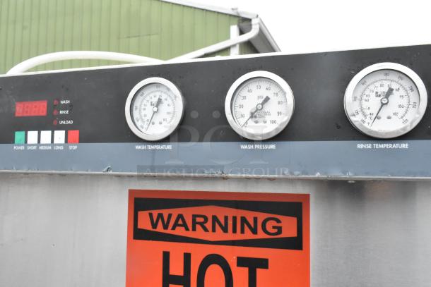 DSI SD20-3-480/3 stainless steel pot and pan washer, controls for temperature and pressure, warning label visible.