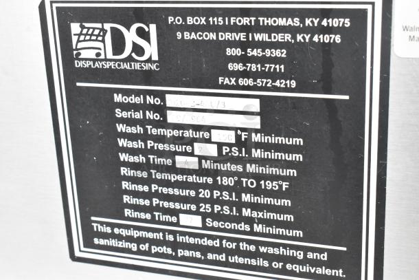 DSI SD20-3-480/3 Stainless Steel Pot and Pan Washer; commercial use, front load, detailed operation specs on label.