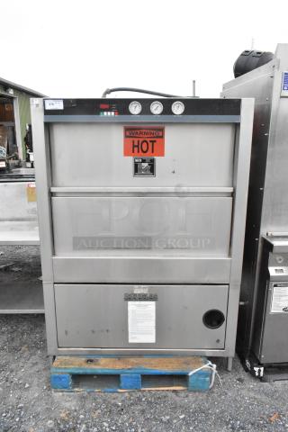 Douglas DSI SD-20-ELEL stainless steel front load pot and pan washer, gauges on top, warning label, used condition.