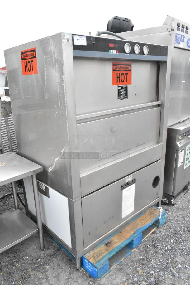 Douglas DSI SD-20-ELEL stainless steel commercial front load pot and pan washer on a pallet with "Warning Hot" labels.