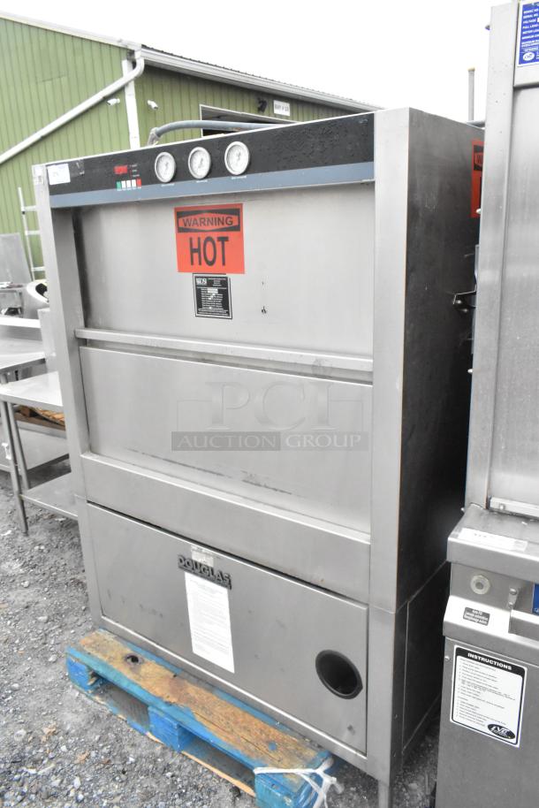 Douglas DSI SD-20-ELEL commercial pot and pan washer, stainless steel, front load, visible "HOT" warning label.
