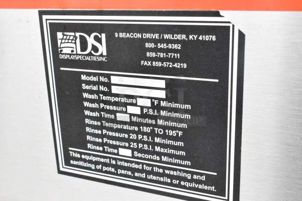 Douglas DSI SD-20-ELEL label showing contact info and operational specs for pot and pan washer.