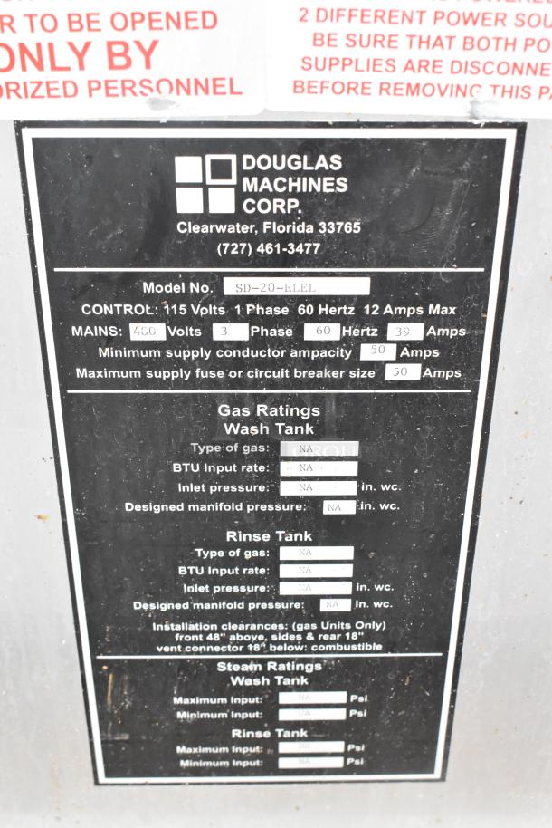 Douglas DSI SD-20-ELEL stainless steel commercial pot and pan washer. Model SD-20-ELEL, front load, 3-phase, 60 Hertz.