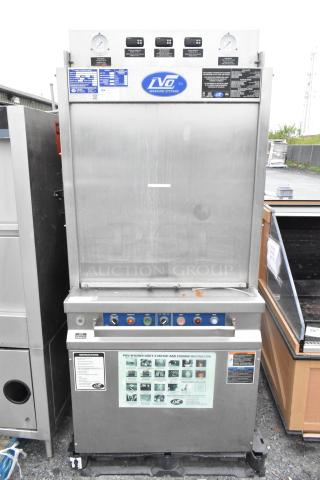 LVO FL14G stainless steel commercial pot and pan washer, 460 volts, 3 phase, features buttons and instruction labels.