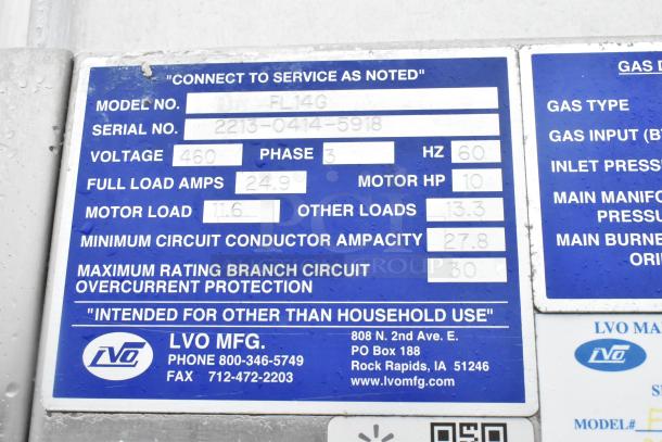 LVO FL14G stainless steel pot and pan washer, 460 volts, 3 phase, commercial use, model label with specifications shown.
