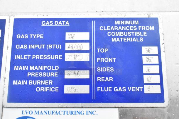 LVO FL14G Stainless Steel Commercial Pot and Pan Washer label shows gas data, BTU, pressure, and clearance details.