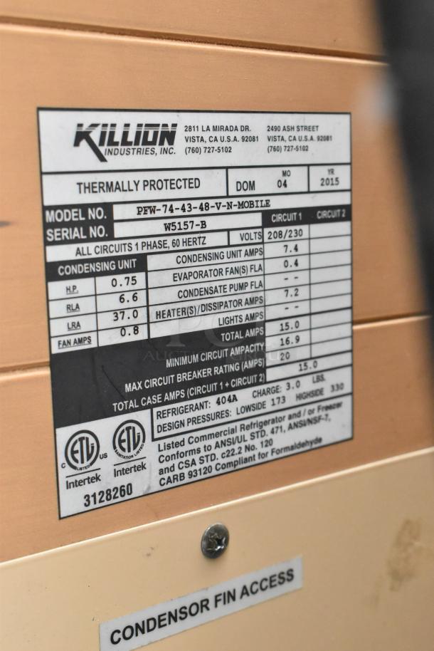 Killion metal commercial merchandiser label, Model PFW-74-43-48-V-N-MOBILE, 208/230V, 1 Phase, serial W5157-B.