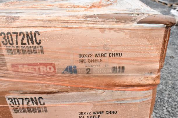 16 boxes of Metro 3072NC Super Erecta Wire Shelf, new scratch and dent, labeled "30x72 wire chrome shelf, quantity 2".