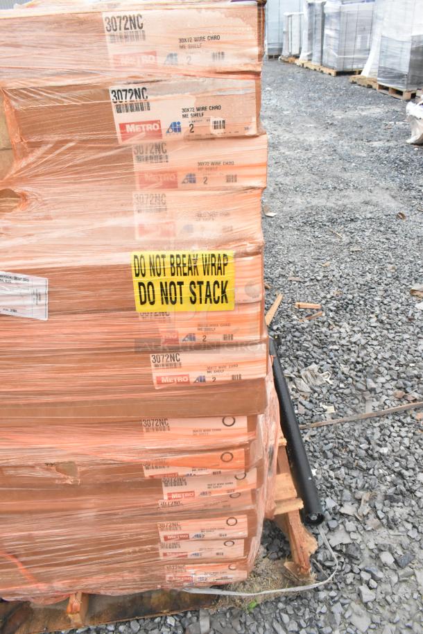 16 new scratch-and-dent Metro 3072NC Super Erecta wire shelves, boxes on pallet, tag reads "Do Not Break Wrap, Do Not Stack".