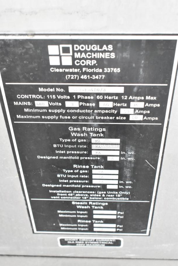 DSI SD20-3-480/3 stainless steel pot and pan washer, 480V, 3 phase, commercial use. Label indicates model and voltage.