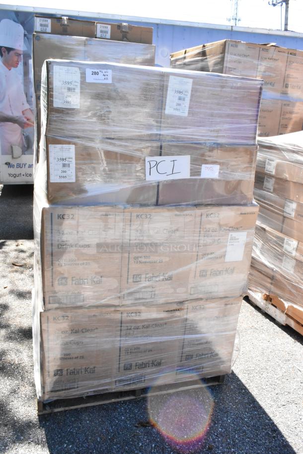 Pallet of 32 sealed boxes: KC32 cups, 3595 trays, Sparta brush, glue boards, hot dog kraft. New, scratch and dent condition.