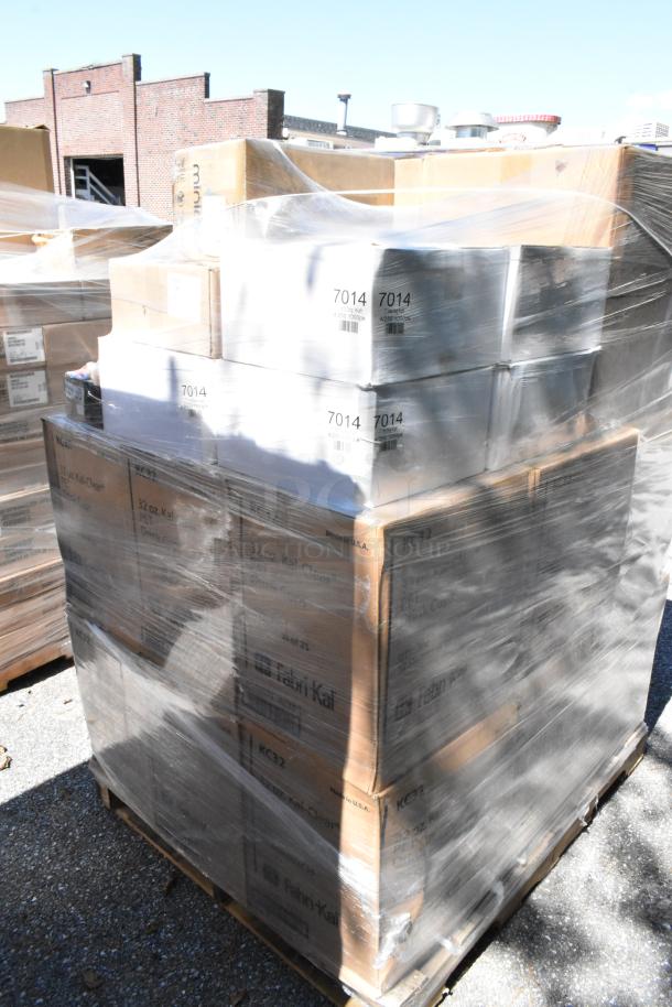 Pallet of 32 sealed boxes, including KC32 32 oz Kal Clear cups, utility trays, fryer brush, glue boards, hot dog kraft.