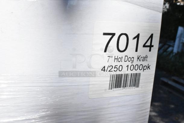 Label on a shrink-wrapped box with text "7014, 7'' Hot Dog Kraft, 4/250 1000pk" and a barcode beneath.