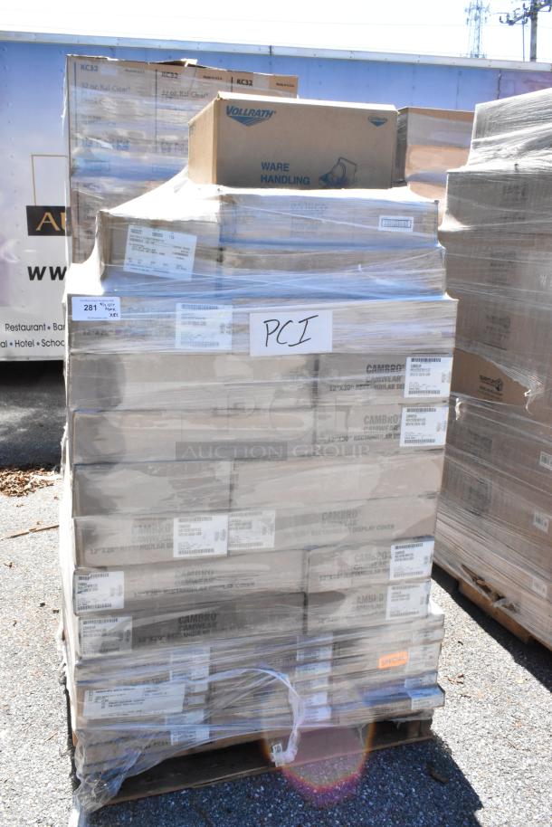Pallet of 82 boxes, new scratch and dent condition, includes Cambro Camwear RD1220CWH135 covers, DT1220CW110 trays.