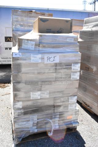 Pallet of 82 boxes, new scratch and dent condition, includes Cambro Camwear RD1220CWH135 covers, DT1220CW110 trays.