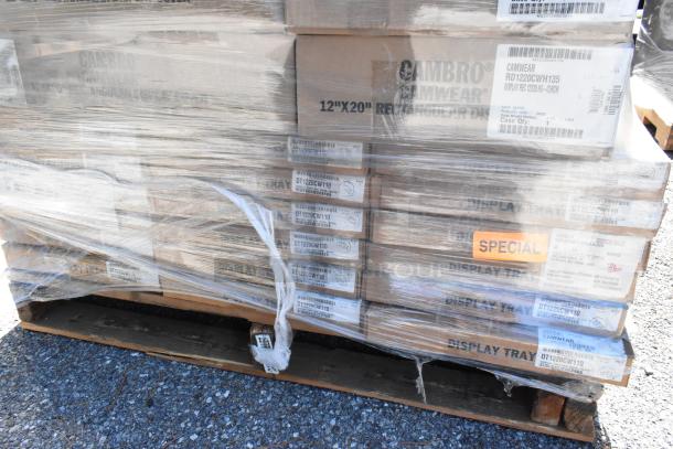 Plastic-wrapped pallet of 82 boxes containing Camwear RD1220CWH135 display covers and DT1220CW110 trays, labeled "Special."