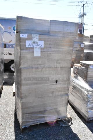 Pallet of 18 brand new Quantum SG-LS1836P store grid shelves, 36"x18"x7.5", green, in packaging with visible labels.