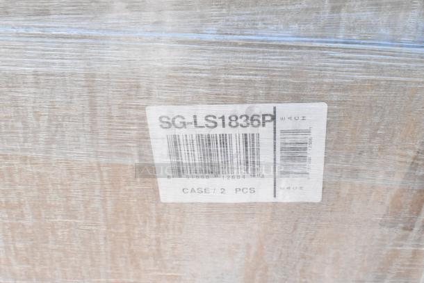 18 new Quantum SG-LS1836P green store grid shelves, 36"x18"x7.5". Scratch and dent condition. Barcode visible.