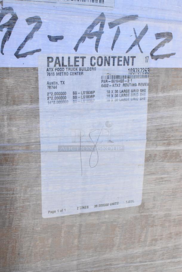 18 Quantum SG-LS1836P grid shelves, 36"x18"x7.5", green, new scratch and dent, pallet label shows contents from Austin, TX.