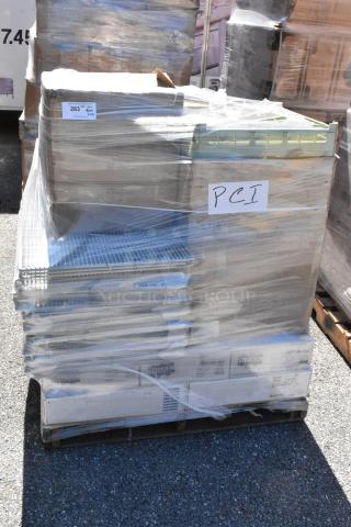 Pallet of 20 brand new scratch and dent boxes, including Z6037MK R02 trash bags and Thunder Group trays; labeled "PCI."