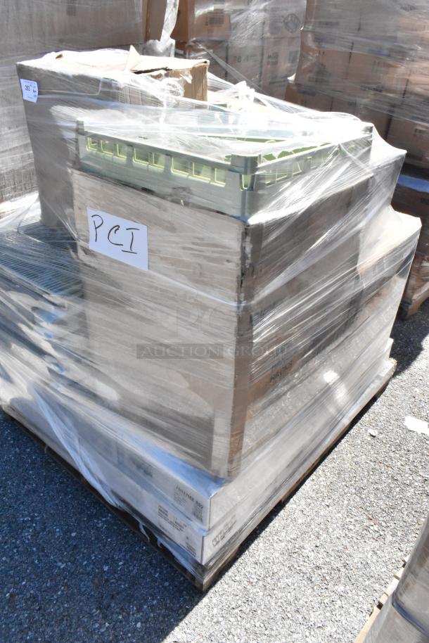 Pallet of 20 brand new scratch and dent boxes. Includes trash bags, cup racks, and serving trays. Labeled "PCI".