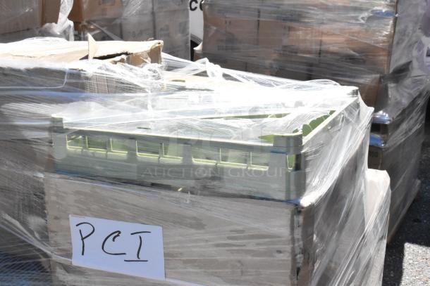 Bulk lot of 20 brand new boxes, including Z6037MK R02 trash bags, 5267810 cup short rack, Thunder Group serving tray. Wrapped and labeled "PCI".