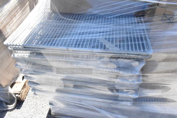 20 boxes of various new items, including Z6037MK R02 trash bags, 5267810 cup short rack, and Thunder Group serving tray, wrapped on a pallet.