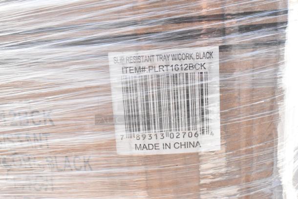 Wrapped pallet with labeled box, Item#: PLRT1612BCK, Slip Resistant Tray, Black, Made in China. New condition.