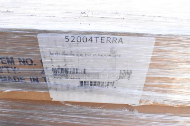 Stack of scratch and dent boxes labeled "52004TERRA." Includes EZ Fit Bonstone tiles, 12 3/4 x 20 13/16 inches.