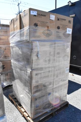 24 scratch and dent boxes of Culinary Basics 9"x9" hinged containers, model 10335169, on a pallet, wrapped in plastic.