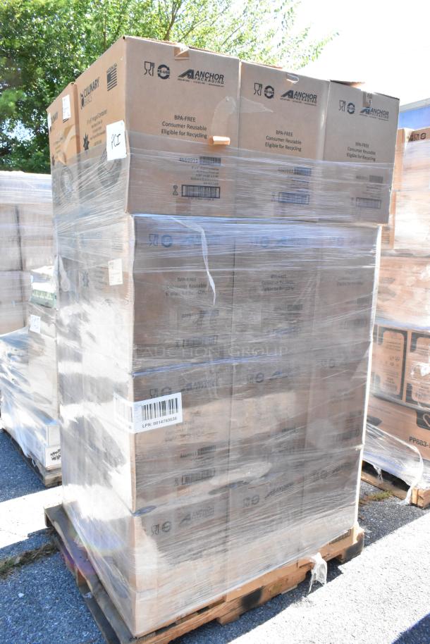 24 boxes of Culinary Basics 10335169 9"x9" hinged containers on a pallet, scratch and dent condition, wrapped in plastic.