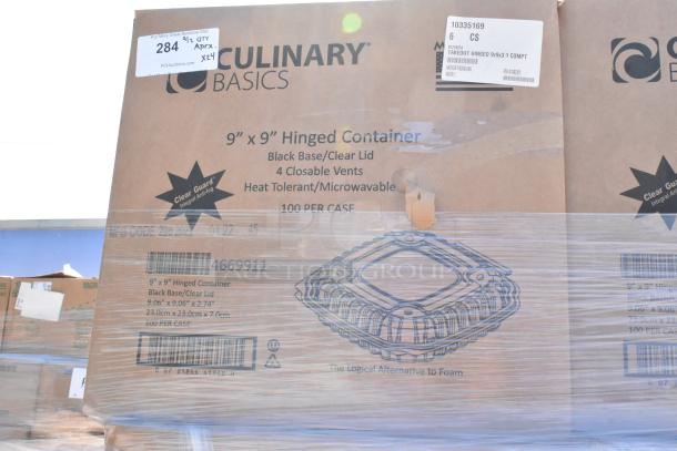 24 new boxes of Culinary Basics 10335169, 9"x9" hinged containers, heat tolerant, microwavable, 100 per case.
