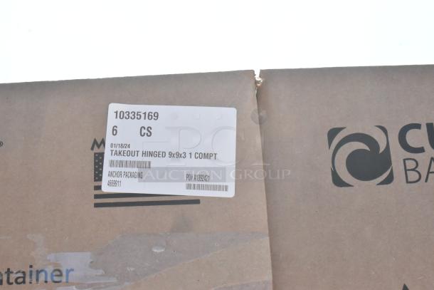 24 new boxes of Culinary Basics 10335169, 9"x9" hinged containers. Scratch and dent, labeled for takeout, 24 times bid.