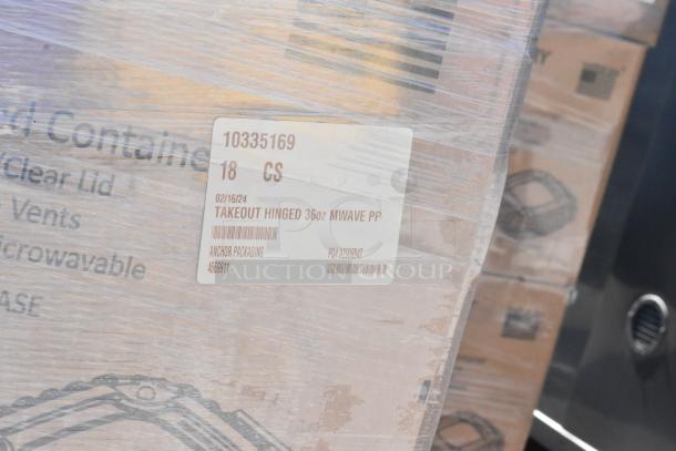 24 boxes of Culinary Basics 10335169 9"x9" hinged containers, brand new, scratch and dent, wrapped on pallet.