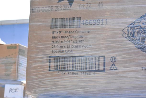 24 new boxes of Culinary Basics 10335169 containers, 9"x9", black base/clear lid, 100 per case, slightly scratched/dented.