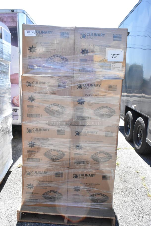 24 boxes of Culinary Basics 9"x9" hinged containers, scratch and dent, on a pallet. Each box contains 100 containers.