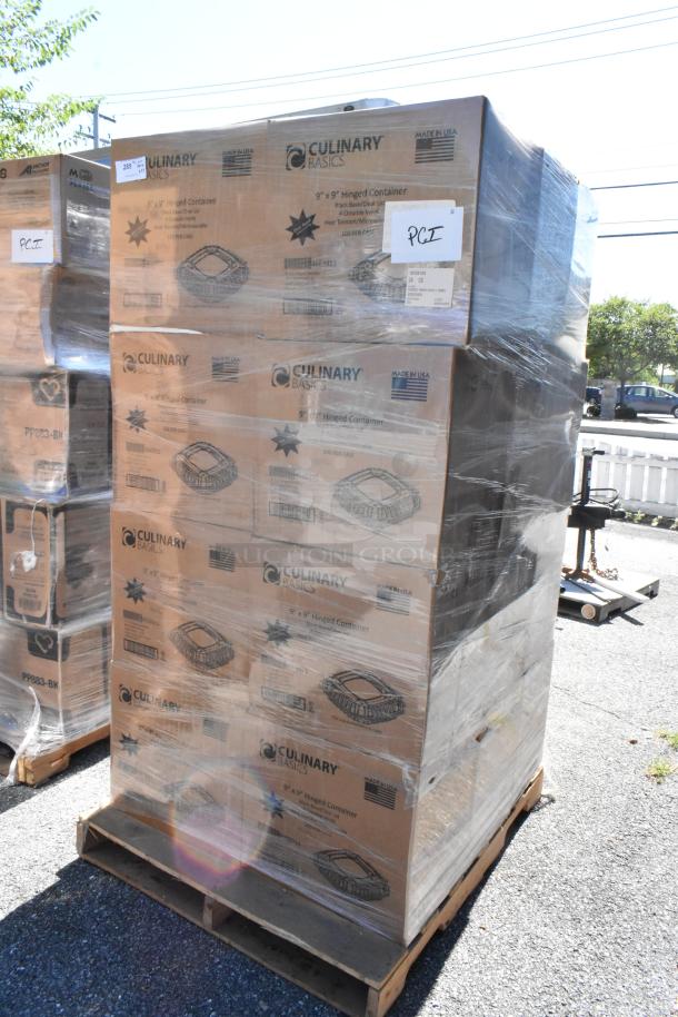 24 boxes of Culinary Basics 9"x9" hinged containers, new with minor scratches and dents, palletized, marked "PCI."