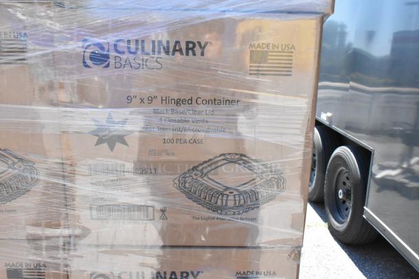 24 boxes of Culinary Basics 9"x9" hinged containers, new. Black base, clear lid, 4 vents. Heat tolerant, 100 per case. Made in USA.