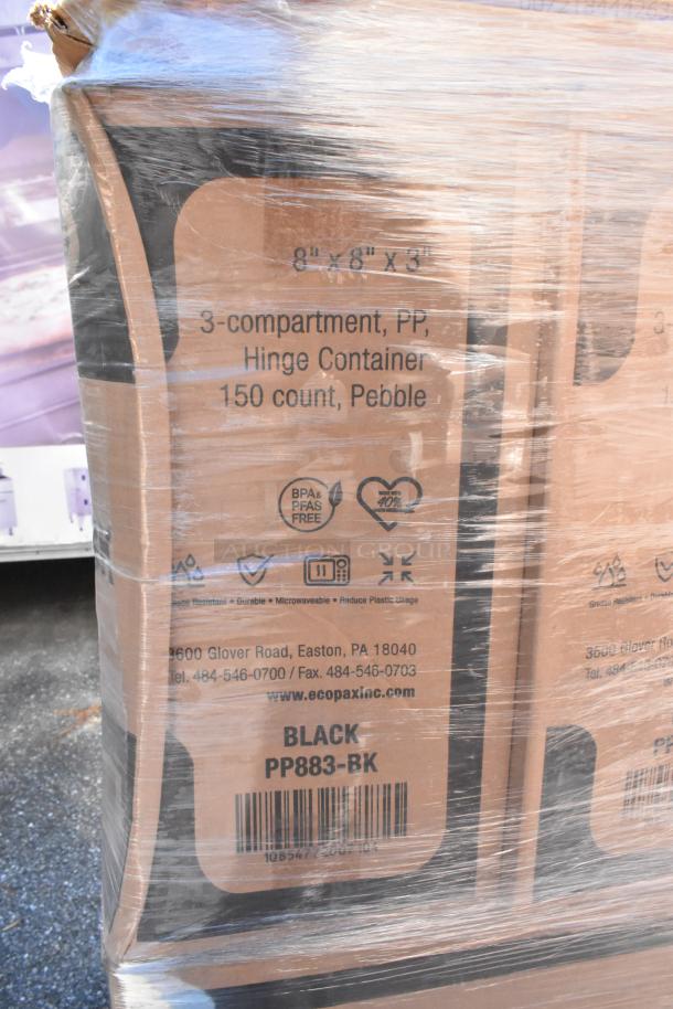 Stack of boxes of 3-compartment PP hinge containers, 150 count each, 8"x8"x3", labeled scratch and dent. BPA/PFAS-free.
