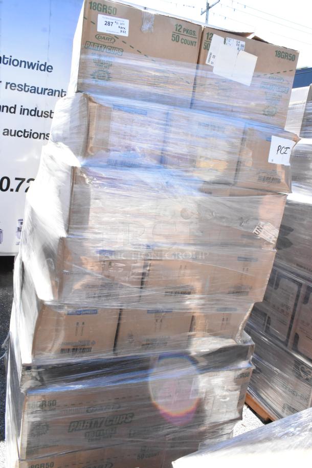 Pallet of 52 boxes, including Dart 18GR50 plastic party cups and 78002941 forks, wrapped in plastic. Appears scratch and dent.