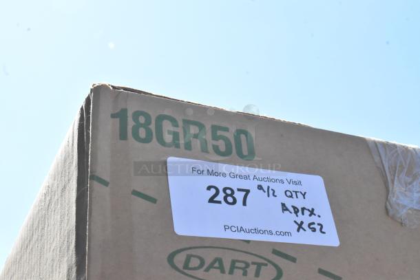 52 boxes of brand new, scratch and dent Dart 18GR50 plastic party cups; label shows 52 times your bid offer.