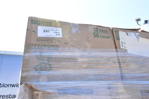 52 boxes of Dart 18GR50 plastic party cups, 50 count per box. New, scratch and dent condition. Multiplies bid by 52.