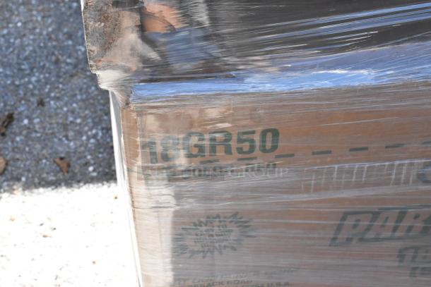 Wrapped pallet of boxes labeled "18GR50” containing Dart plastic party cups and forks, scratch and dent condition.