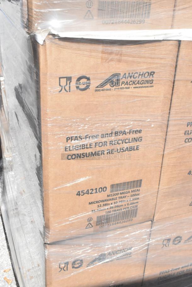 Boxes of Anchor Packaging 4542100 MegaMeal 100 Oz Tray Containers, brand new, PFAS and BPA-free, for recycling.