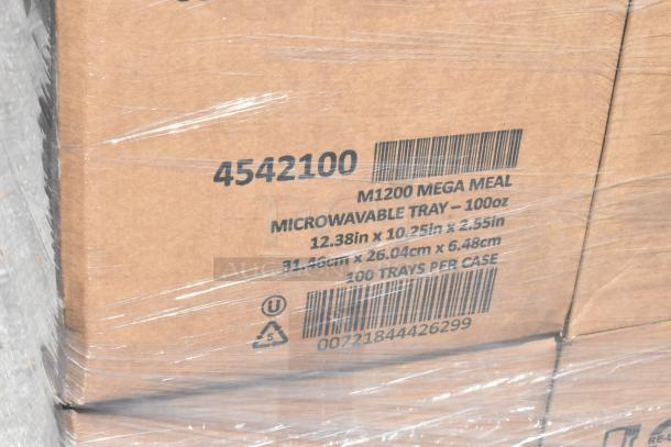 Sixteen boxes of new Anchor Packaging MegaMeal 100 oz tray containers, model 4542100. Each box has 100 trays.